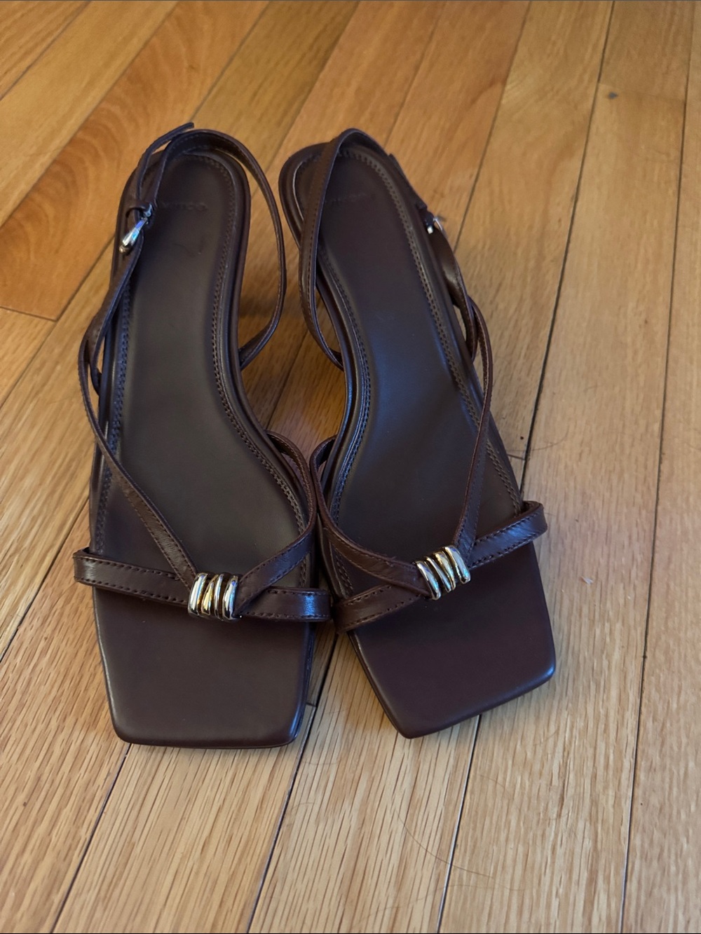 Vince Brown Leather Square-Toe Slingback Kitten Heel Sandals with Gold Accent